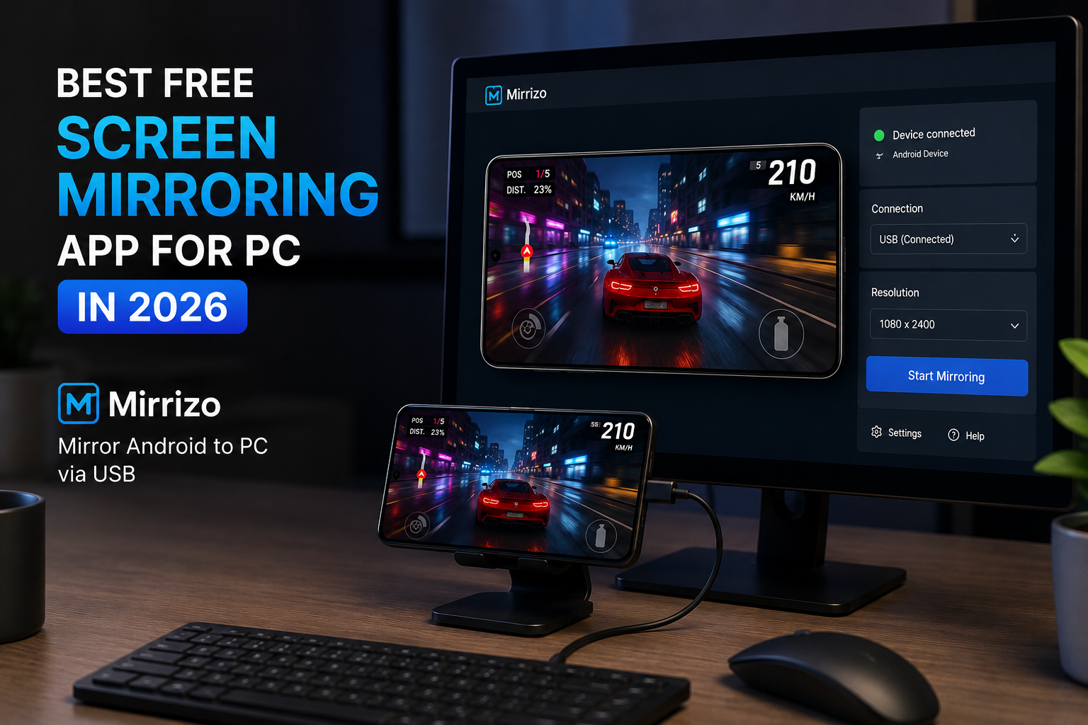 Best free screen mirroring app for PC in 2026 comparison chart showing Mirrizo, scrcpy, Vysor and other tools